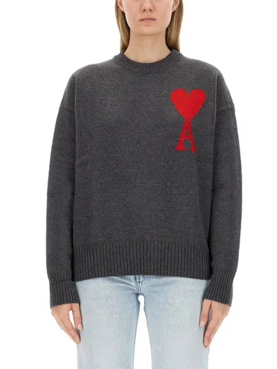 Ami Alexandre Mattiussi Ami De Caur Virgin Wool Sweater In Grey,red