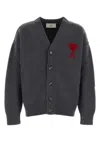 Ami Alexandre Mattiussi Dark Grey Wool Cardigan With Embroidered Heart Detail In Gray