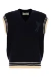 Ami Alexandre Mattiussi Midnight Wool V-neck Vest With Ribbed Texture In Navy