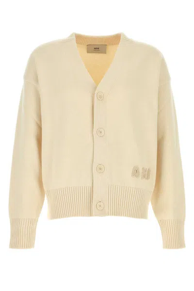 Ami Alexandre Mattiussi Logo-embroidered Organic Cotton And Wool-blend Cardigan In Beige