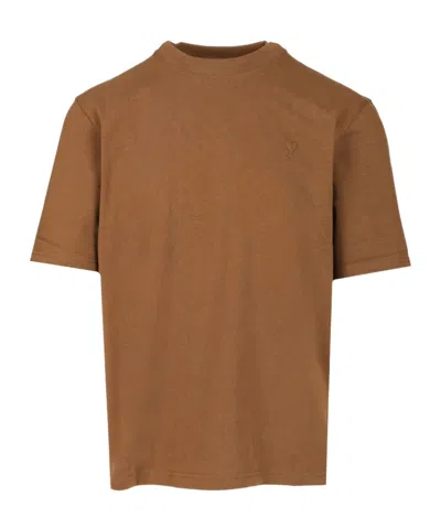 Ami Alexandre Mattiussi Ami Paris Logo Detailed Crewneck T-shirt In Brown