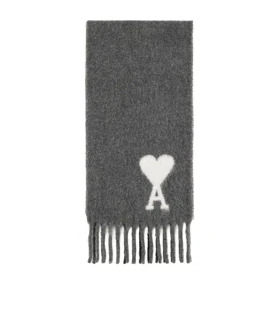Ami Alexandre Mattiussi Ami Paris Logo Detailed Fringed Scarf In Black
