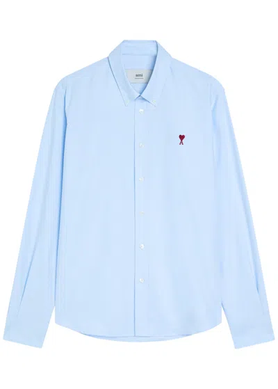 Ami Alexandre Mattiussi Adc Button-down Collar Logo-embroidered Striped Cotton Oxford Shirt In Blue