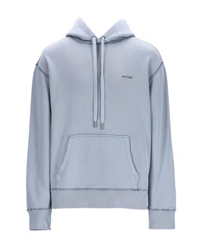 Ami Alexandre Mattiussi Ami Paris Logo Embroidered Drawstring Hoodie In Blue