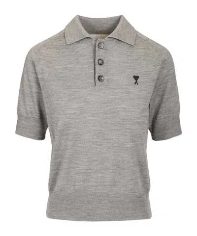 Ami Alexandre Mattiussi Ami Paris Logo Embroidered Knitted Polo Top In Gray