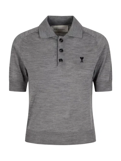 Ami Alexandre Mattiussi Ami Paris Logo Embroidered Knitted Polo Top In Gray