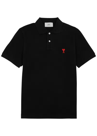 Ami Alexandre Mattiussi Ami Paris Logo-embroidered Piqué Cotton Polo Shirt In Black