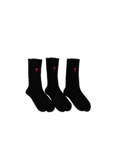 Ami Alexandre Mattiussi Ami Paris Logo Embroidered Ribbed 3-pack Socks In Black