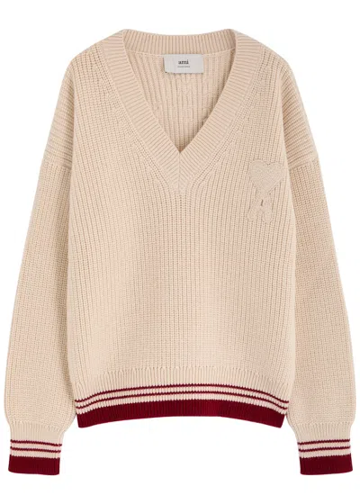 Ami Alexandre Mattiussi Ami Paris Logo-embroidered Ribbed Wool Jumper In Off White