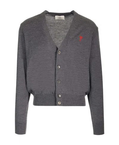 AMI ALEXANDRE MATTIUSSI AMI PARIS LOGO EMBROIDERED V-NECK CARDIGAN