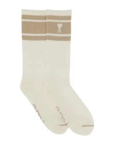 Ami Alexandre Mattiussi Ami Paris Logo Intarsia Ribbed Socks In Beige