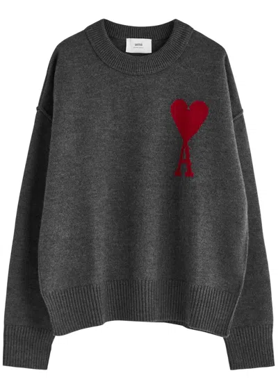 Ami Alexandre Mattiussi Ami Paris Logo-intarsia Wool Jumper In Grey