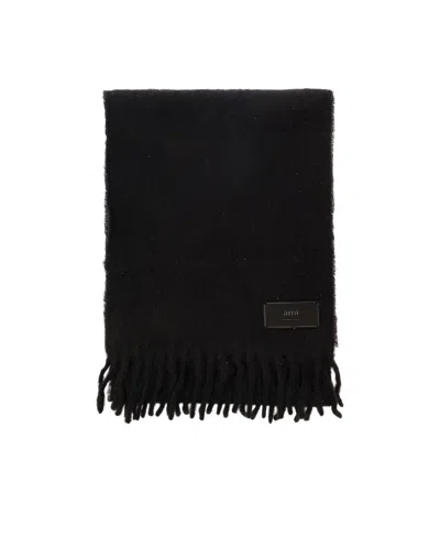 Ami Alexandre Mattiussi Ami Paris Logo Patch Fringed Edge Scarf In Black