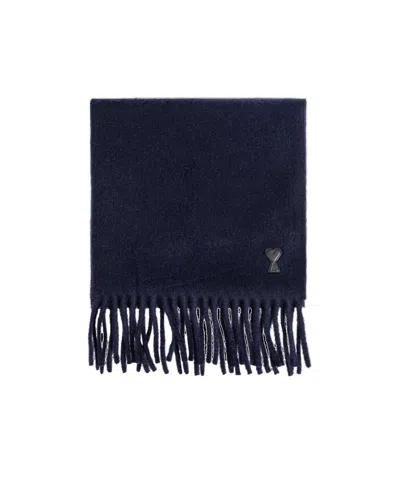 Ami Alexandre Mattiussi Ami Paris Logo Patch Fringed-edge Scarf In Black