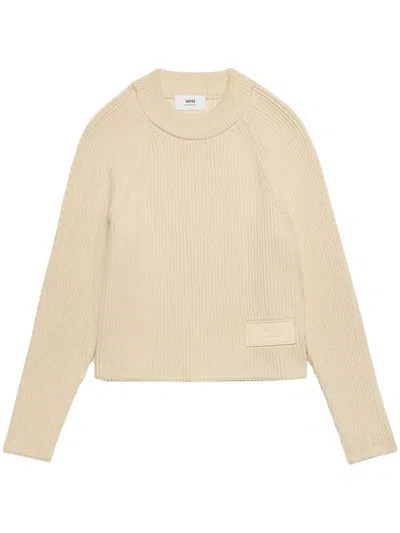 Ami Alexandre Mattiussi Ami Paris Logo-patch Knitted Jumper In Beige