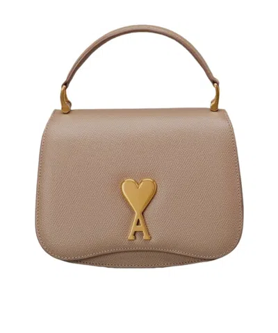 Ami Alexandre Mattiussi Ami Paris Logo Plaque Foldover Top Shoulder Bag In Nude