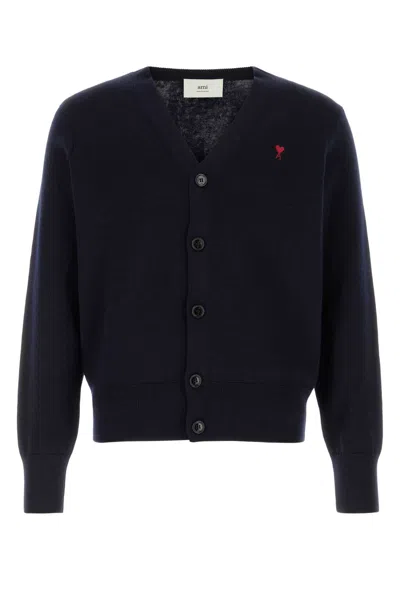 Ami Alexandre Mattiussi Ami Paris Logo-embroidered Merino Wool Cardigan In Blue