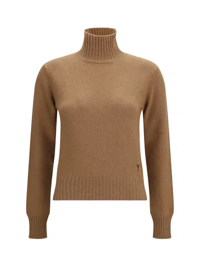 Ami Alexandre Mattiussi Ami Paris Logo-embroidered Wool-cashmere Turtleneck Sweater In Brown