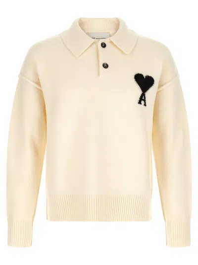 Ami Alexandre Mattiussi Ami Paris Logo-intarsia Wool Polo In Cream