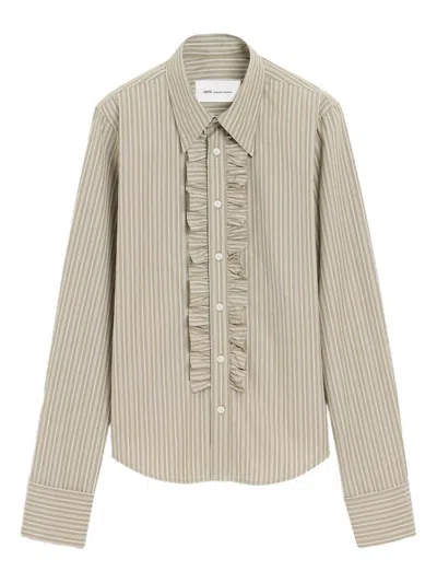 Ami Alexandre Mattiussi Beige Cotton Long Sleeve Ruffled Adjusted Shirt Beige In Green