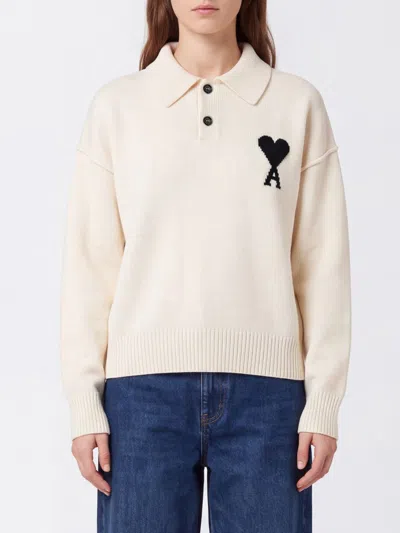 Ami Alexandre Mattiussi Ami Paris Long-sleeved Knit Cotton Polo With Ami De Coeur Monogram Logo In White