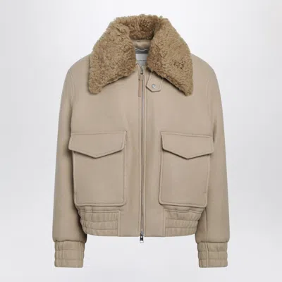 Ami Alexandre Mattiussi Ami Paris Mastic Beige Padded Wool Jacket With Detachable Shearling Collar In Neutral