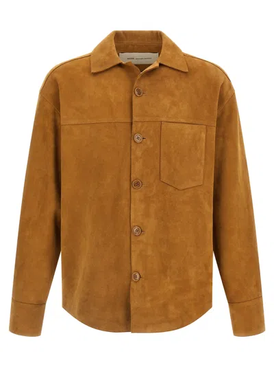 Ami Alexandre Mattiussi Suede Oversize Shirt Long Sleeves Chest Pocket In Brown