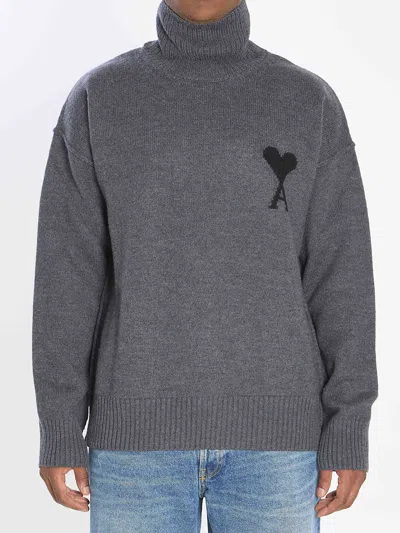 Ami Alexandre Mattiussi Ami Paris Men Ami De Coeur Turtleneck Sweater In Gray