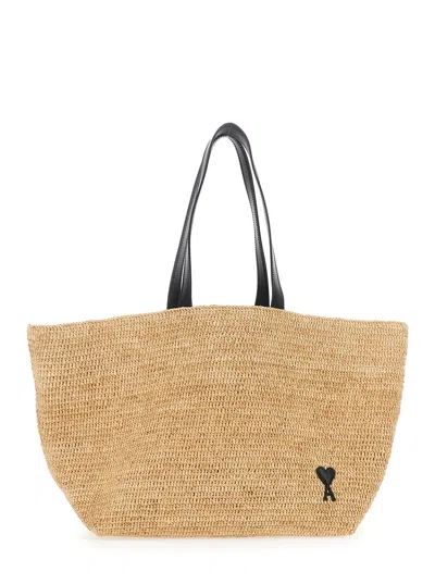 Ami Alexandre Mattiussi Ami Paris Men Beige Tote Bag With Adc Patch On The Front And Two Top Handles In Raffia Man In Orange
