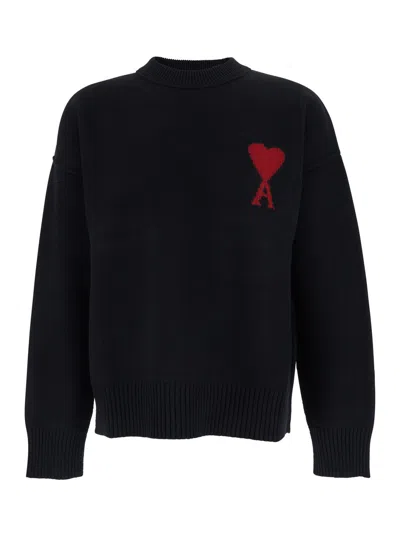 Ami Alexandre Mattiussi Ami Paris Men Black Crewneck Sweater With Adc Embroidery On The Front In Wool Man In Blue