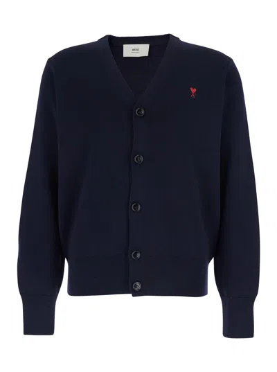 Ami Alexandre Mattiussi Ami Paris Men Blue Cardigan With V Neck And Adc Embroidery On The Front In Wool Blend Man