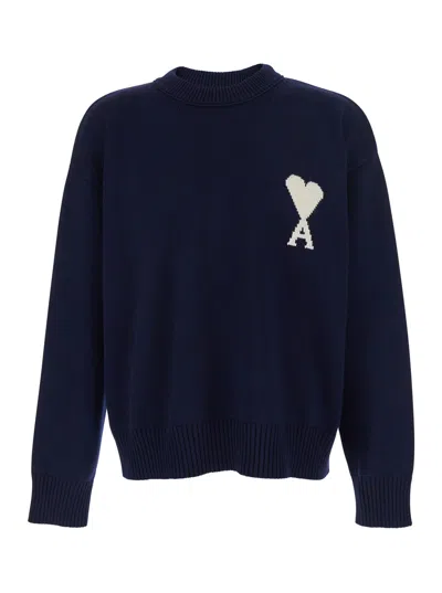 Ami Alexandre Mattiussi Ami Paris Men Blue Crewneck Sweater With Dropped Shoulders And Adc Embroidery On The Front In Wool M