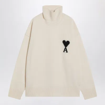 Ami Alexandre Mattiussi Ami Paris Black Funell-neck Wool Sweater With Ami De Coeur In Neutral