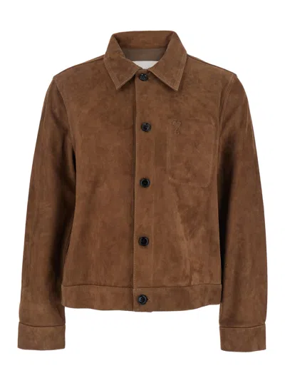 Ami Alexandre Mattiussi Ami Classic Goat Leather Jacket With Embossed Logo In Brown