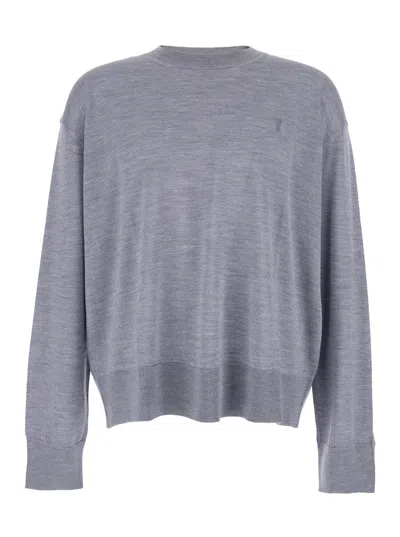 AMI ALEXANDRE MATTIUSSI AMI PARIS MEN GREY CREW NECK SWEATER WITH EMBROIDERED LOGO ON THE FRONT IN WOOL MAN