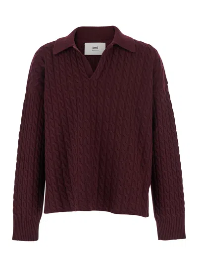 Ami Alexandre Mattiussi Bordeaux Polo Shirt With Woven Design In Wool Man In Brown