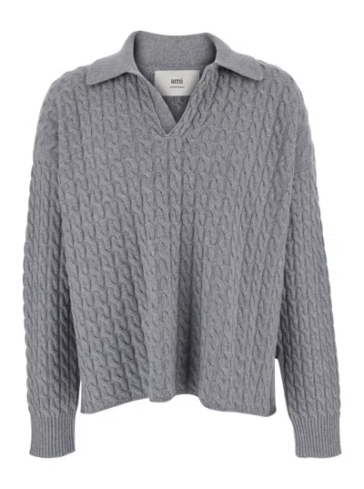 AMI ALEXANDRE MATTIUSSI AMI PARIS MEN GREY POLO SHIRT WITH WOVEN DESIGN IN WOOL MAN