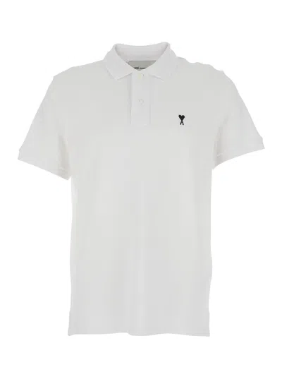 Ami Alexandre Mattiussi Ami Paris Men White Polo Shirt With Adc Embroidery On The Front And Classic Collar In Cotton Man