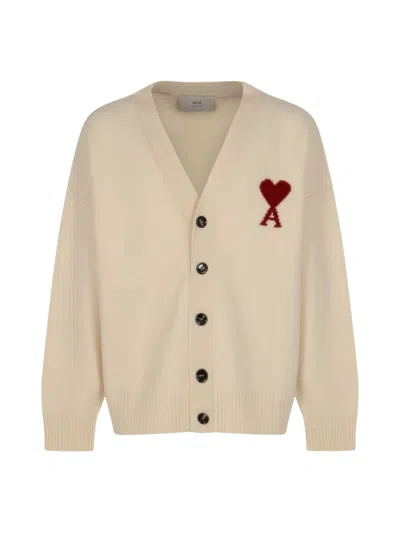 Ami Alexandre Mattiussi Ami Paris Men's Wool V-neck Cardigan With Logo Embroidery In Orange