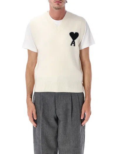 Ami Alexandre Mattiussi Ami Paris Merino Wool V-neck Vest With Heart Intarsia In Neutral
