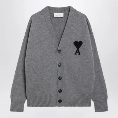Ami Alexandre Mattiussi Ami Paris Grey Ami De Coeur Merino Wool Cardigan In Gray