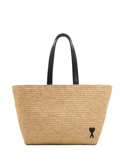 Ami Alexandre Mattiussi Ami Paris Natural Raffia Tote With Black Leather Logo Handles In Nude