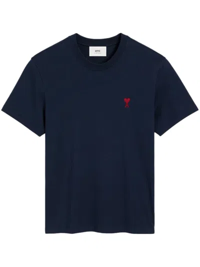 Ami Alexandre Mattiussi Ami Paris Navy Mc T-shirt Embroidered Red Logo In Blue