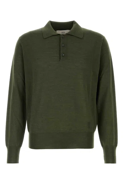 Ami Alexandre Mattiussi Ami Paris Olive Green Wool Blend Polo Shirt