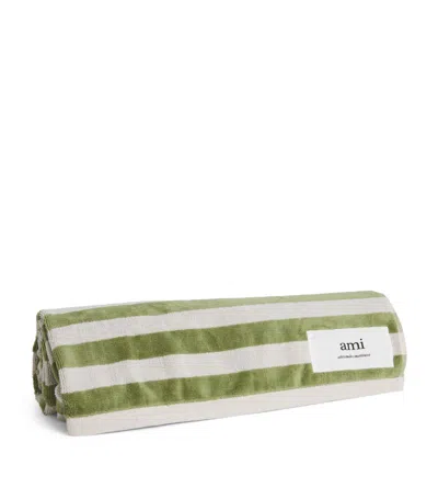 Ami Alexandre Mattiussi Ami Paris Organic Cotton Striped Beach Towel (160cm X 85cm) In Green