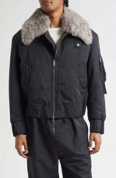 Ami Alexandre Mattiussi Ami Paris Padded Water Repellent Bomber Jacket With Detachable Genuine Shearling Collar In Black