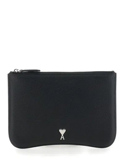 Ami Alexandre Mattiussi Ami Paris 'paris Paris'black Pouch With Ami De Coeur Logo Detail On The Front In Grained Leather Man In Multicolor