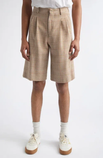 Ami Alexandre Mattiussi Ami Paris Pleated Glen Plaid Virgin Wool Twill Shorts In Brown