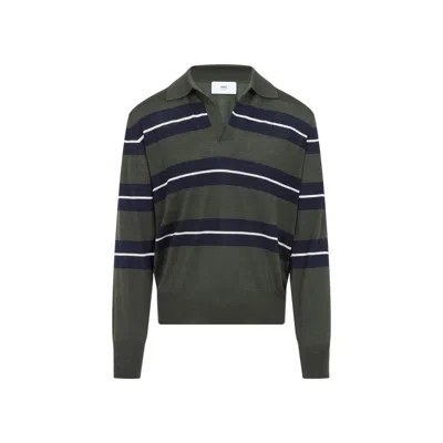 Ami Alexandre Mattiussi Ami Paris Green Polo With All-over Striped Motif And Polo-style Collar In Wool And Silk Blend Man In Beige