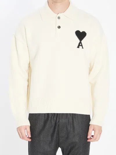 Ami Alexandre Mattiussi Ami Paris Polo Sweater With Contrasted Mini Heart Logo In Neutral